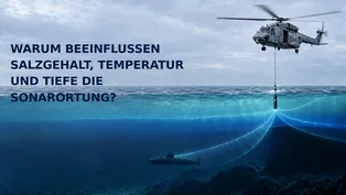 Marinehubschrauber mit abgesenktem Tauchsonar über einem Schnitt durch unterschiedlich temperierte und salzhaltige Wasserschichten; gekrümmte Schallwege führen in Richtung eines U-Boots.