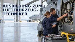 Eine angehende Luftfahrzeugtechnikerin und ihr Ausbilder prüfen in einem Hangar gemeinsam die geöffneten Systeme eines Marinehubschraubers.