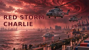 Zwei Sea-Lion-inspirierte Marinehubschrauber fliegen unter roten Sturmwolken über dem Hamburger Hafen; auf der Elbe fährt eine Fähre, am Terminal bewegt sich eine Militärkolonne. Links steht der Titel „Red Storm Charlie“.