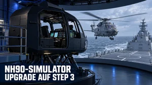 NH90-Full-Mission-Simulator mit dargestelltem Sea Tiger vor einer Fregatte als symbolische Illustration des Upgrades auf NGEN Step 3