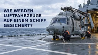 Redaktionelle Illustration: Zwei Angehörige der Flugdeckmannschaft sichern einen gefalteten Marinehubschrauber mit Unterlegkeilen und Zurrketten auf dem nassen Flugdeck einer Fregatte.
