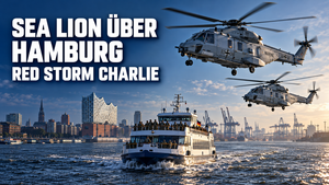 Zwei NH90 NTH Sea Lion der Marineflieger begleiten während Red Storm Charlie eine Fähre auf der Elbe vor Hamburg