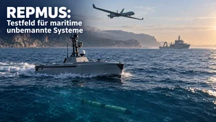 Ein unbemanntes Oberflächenfahrzeug, eine maritime Drohne und ein Unterwasserfahrzeug operieren vor Portugals Atlantikküste.