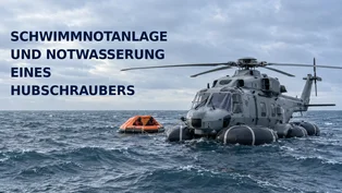 Ein grauer Marinehubschrauber liegt nach einer kontrollierten Notwasserung aufrecht auf der Nordsee; mehrere dunkle Schwimmkörper sind aufgeblasen, daneben befindet sich eine orange Rettungsinsel.