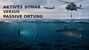 Redaktionelle Schnittdarstellung: Ein Marinehubschrauber setzt ein Tauchsonar ein, während aktive Schallwellen zu einem U-Boot laufen und eine passive Sonarboje dessen Geräusche empfängt.
