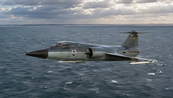 F-104G Starfighter der deutschen Marineflieger im Tiefflug über der Ostsee, KI generiertes Bild, KI generiertes Bild.