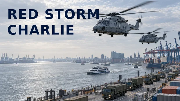 Zwei Sea-Lion-inspirierte Marinehubschrauber fliegen unter roten Sturmwolken über dem Hamburger Hafen; auf der Elbe fährt eine Fähre, am Terminal bewegt sich eine Militärkolonne. Links steht der Titel „Red Storm Charlie“.