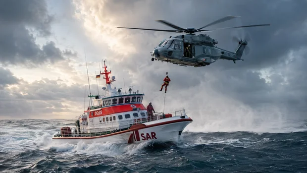 Seenotrettungskreuzer der DGzRS und ein NH90 Sea Lion der Marineflieger bei einem gemeinsamen SAR-Einsatz auf der Nordsee.