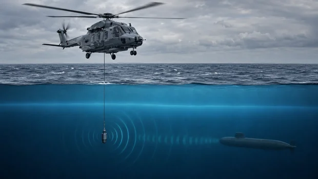 Marinehubschrauber senkt ein Tauchsonar zur Ortung eines U-Bootes ins Meer ab
