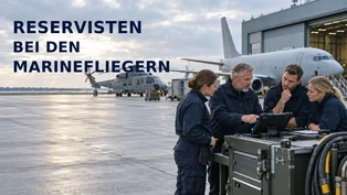 Redaktionelle Illustration: Vier Reservistinnen und Reservisten besprechen auf dem Vorfeld in Nordholz einen Arbeitsauftrag; im Hintergrund stehen ein Seefernaufklärer und ein Marinehubschrauber.