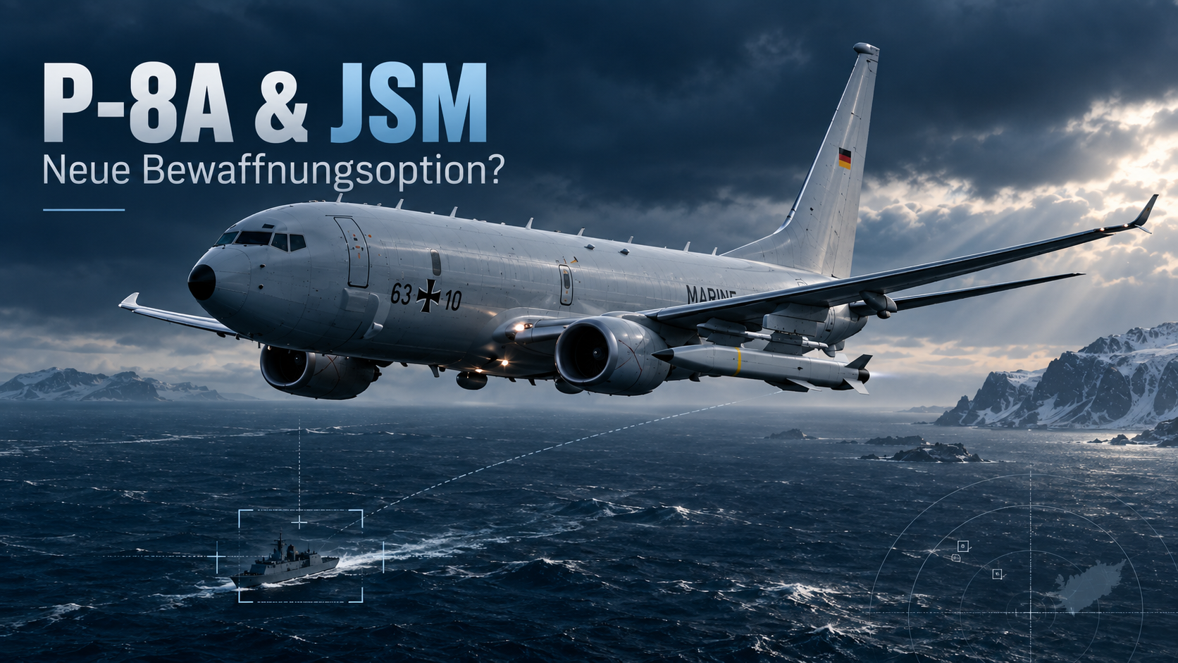 Deutsche P-8A Poseidon über See mit einer Joint Strike Missile und möglichem Ziel auf dem Wasser.