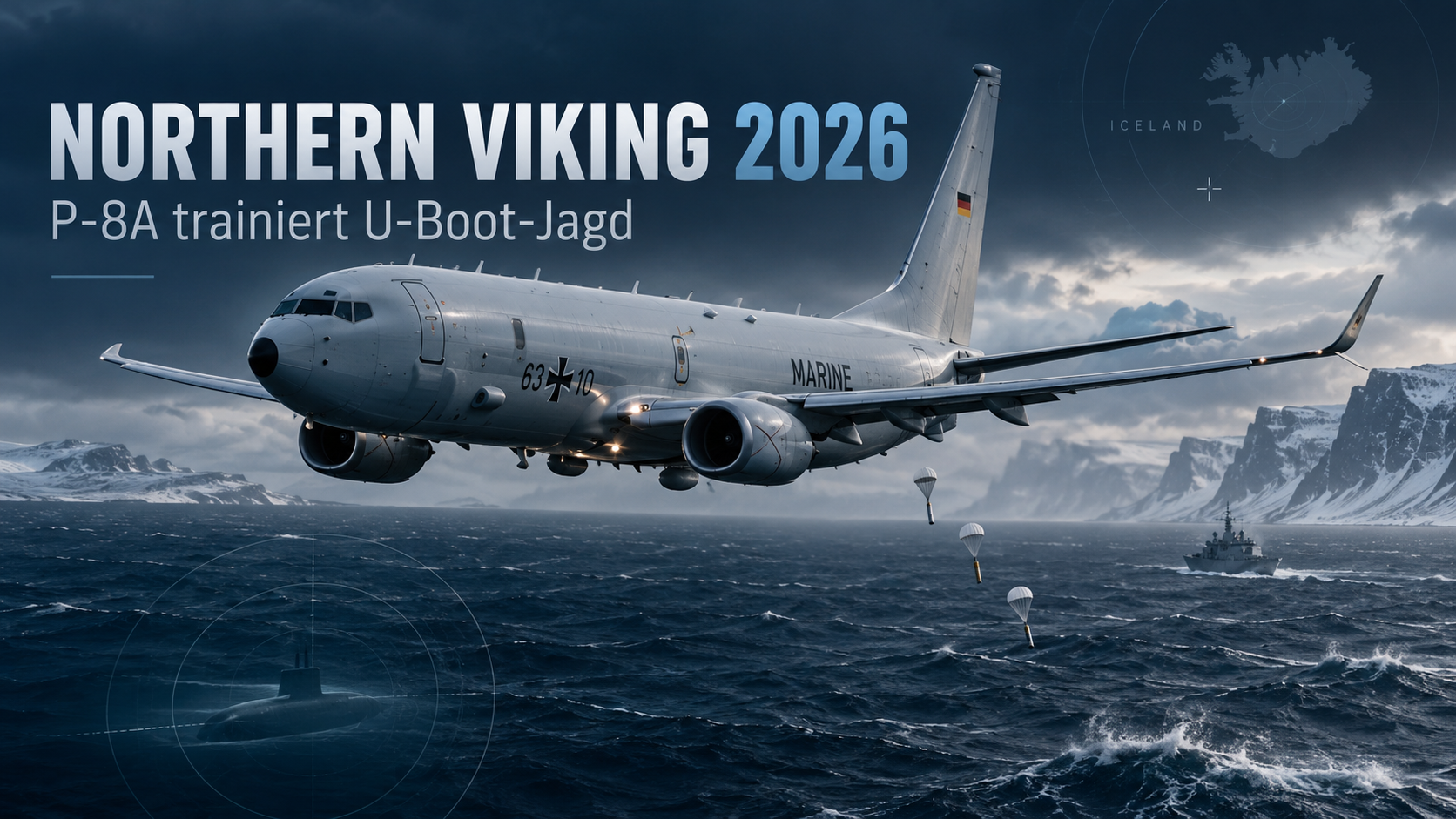 Deutsche P-8A Poseidon über dem Nordatlantik bei der Übung Northern Viking 2026 mit Sonarbojen und Kriegsschiff im Hintergrund.