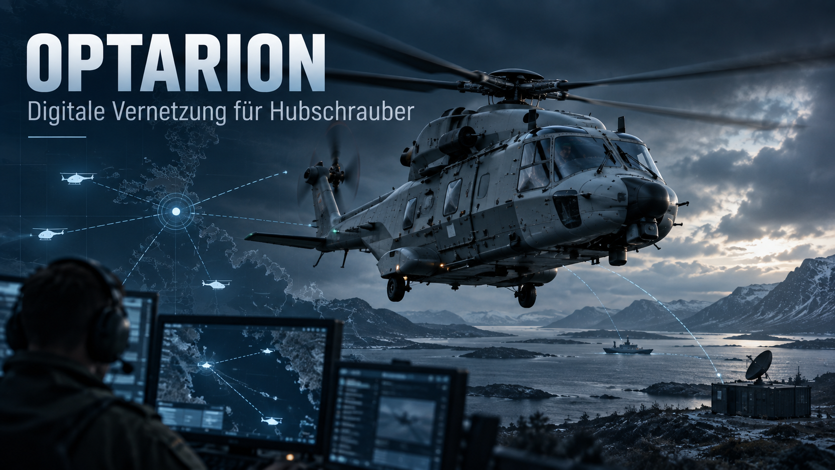 Das Vorschaubild veranschaulicht die digitale Vernetzung militärischer Hubschrauber mit Führungs- und Informationssystemen.